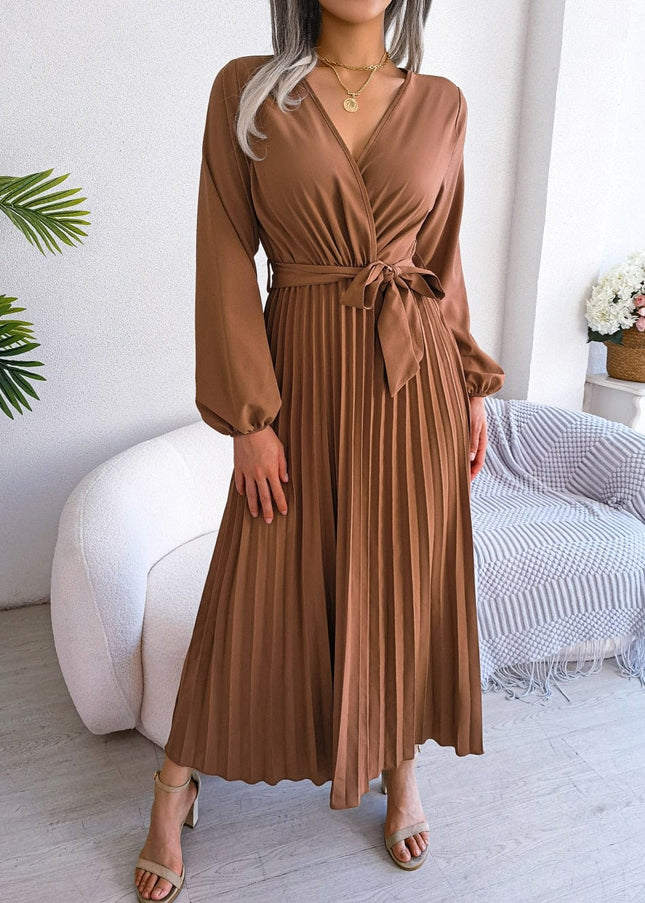 Zoë™ Bruine Maxi Jurk Met V-hals Feestelijke Boho Stijl