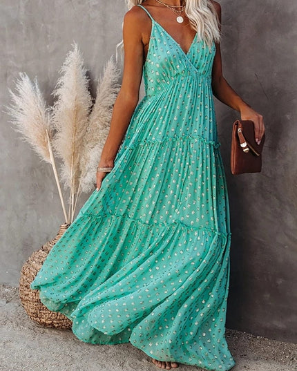 Evi™ Groene Maxi Jurk Met V-hals En Zomers Ibiza Printje