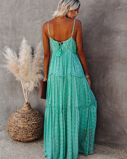 Evi™ Groene Maxi Jurk Met V-hals En Zomers Ibiza Printje