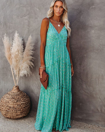 Evi™ Groene Maxi Jurk Met V-hals En Zomers Ibiza Printje