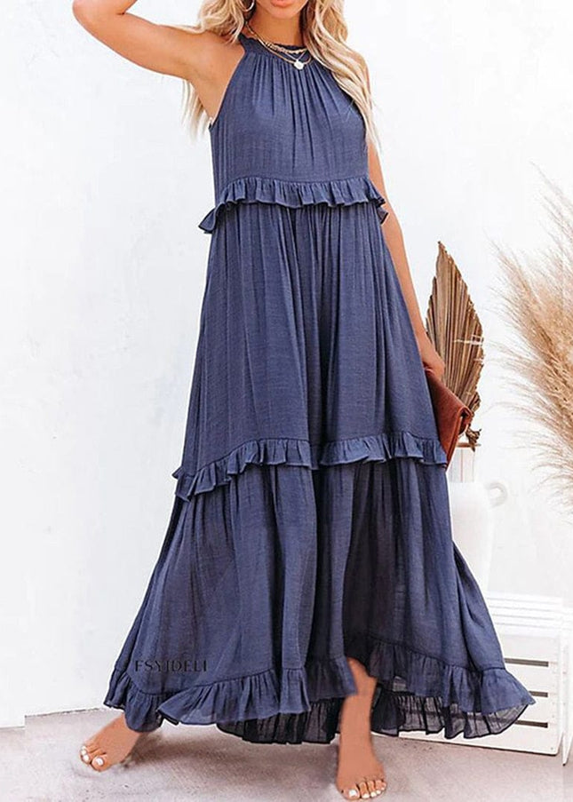 Anna™ Marine Blauwe Losse Zomerse Feestelijke Maxi Jurk