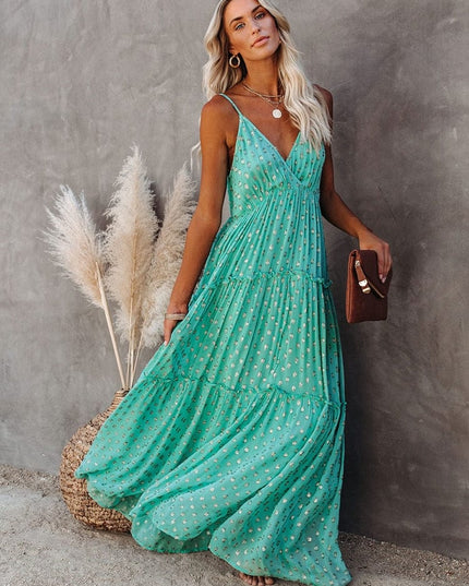 Evi™ Groene Maxi Jurk Met V-hals En Zomers Ibiza Printje