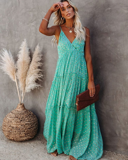 Evi™ Groene Maxi Jurk Met V-hals En Zomers Ibiza Printje