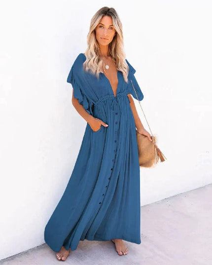Anouk™ - Maxi Marineblauwe Ibiza Strandjurk