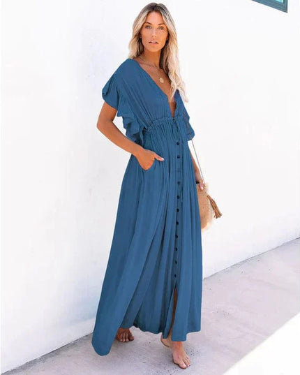 Anouk™ - Maxi Marineblauwe Ibiza Strandjurk