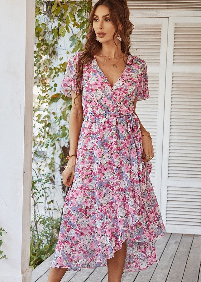 Fenna™ Roze Midi Jurk Met Bohemian Bloemen Print
