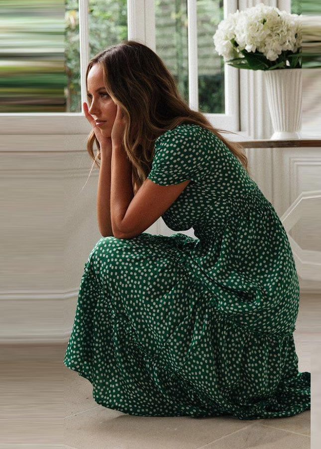 Charlie™ Boheemse Groene Midi Jurk Met Puff Sleeve