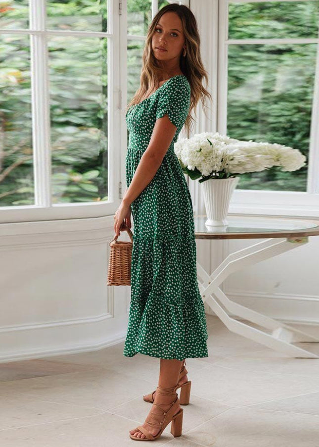 Charlie™ Boheemse Groene Midi Jurk Met Puff Sleeve
