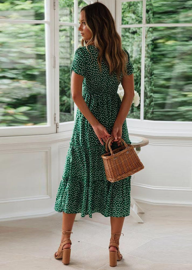Charlie™ Boheemse Groene Midi Jurk Met Puff Sleeve