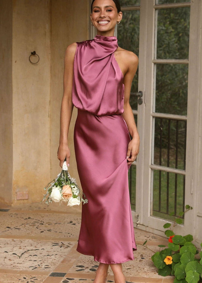 Rochella™ - Elegante Satijnen Jurk Met Hoge Hals Oud Roze