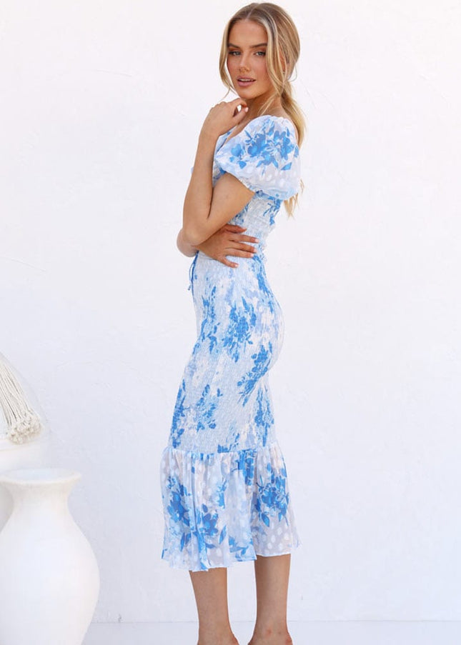 Lena™ Blauwe Midi Mermaid Jurk Met Puff Mouwen