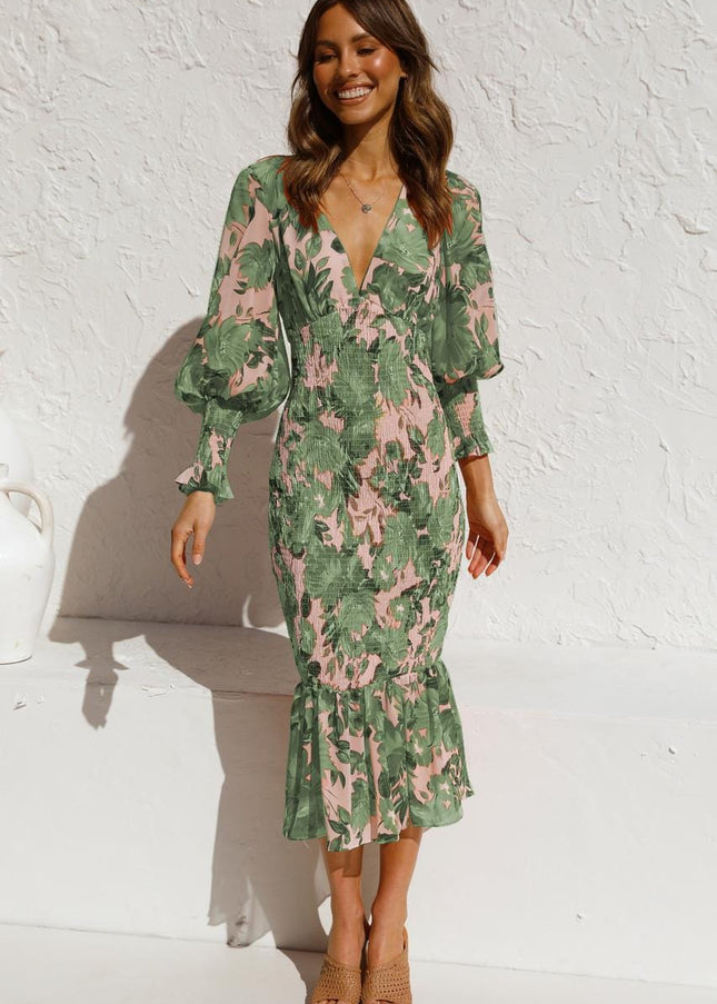 Lieke™ Groene Long Sleeve Jurk Met Elegante Print En V-hals