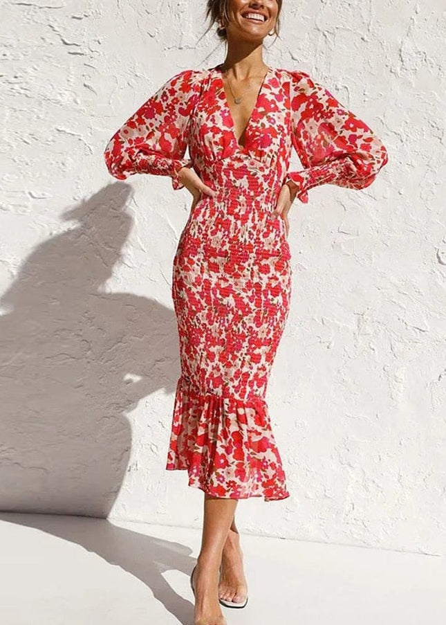 Hannah™ Rode Long Sleeve Jurk Met Elegante Print En V-hals