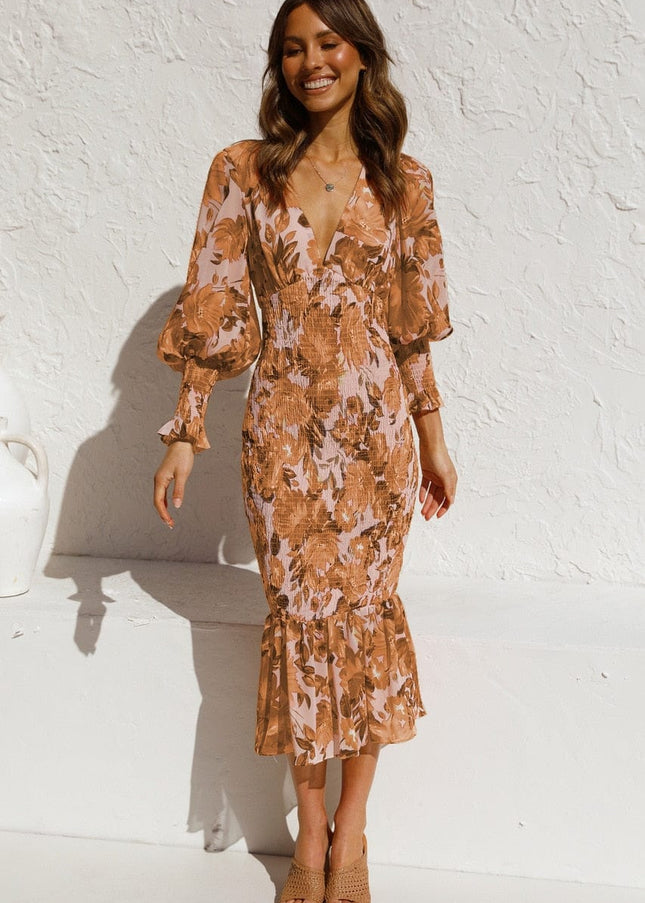 Pip™ - Bruine Long Sleeve Jurk Met Elegante Print En V-hals
