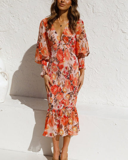 Kiana™ - Oranje Long Sleeve Jurk Met Elegante Print En V-hals