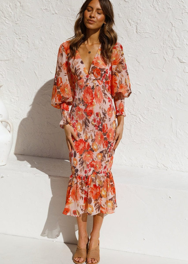 Kiana™ - Oranje Long Sleeve Jurk Met Elegante Print En V-hals