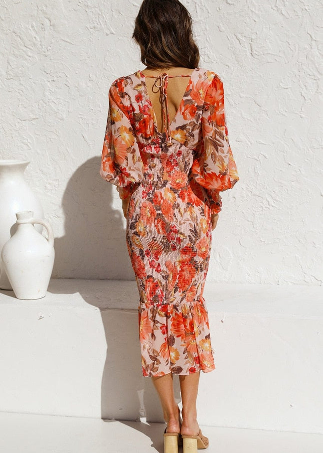 Kiana™ - Oranje Long Sleeve Jurk Met Elegante Print En V-hals