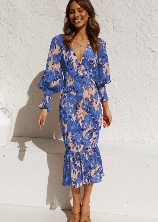 Liona™ - Blauwe Long Sleeve Jurk Met Elegante Print En V-hals