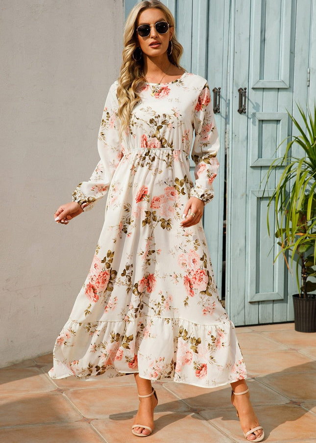 Julia™ Witte Long Sleeve Maxi Jurk Met Zomerse Bloemenprint